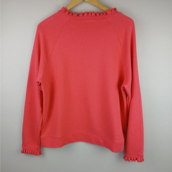 Talbots SZ L 100% Cotton Ruffle Trim Raglan Sweatshirt Coral Pink Gold Buttons - Picture 6 of 7